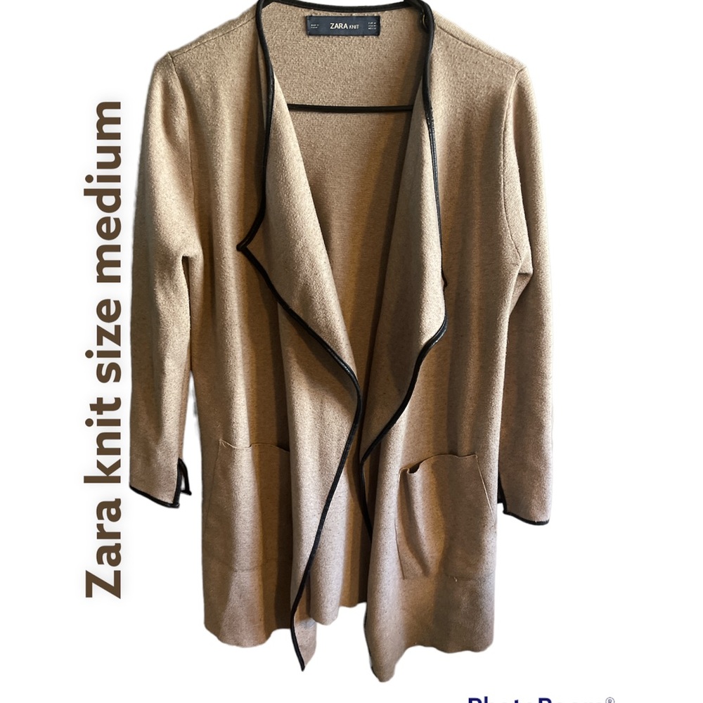 Zara Open front Cream Drape Cardigan Faux Leather Trim size M